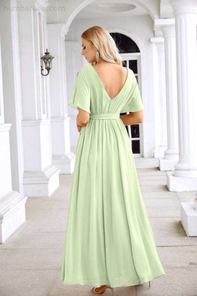 Ladies Chiffon Sleeve Crew Neck Front Slit Floor Length Bridesmaid Evening Dress Wedding Party Evening Dress 28124-numbersea