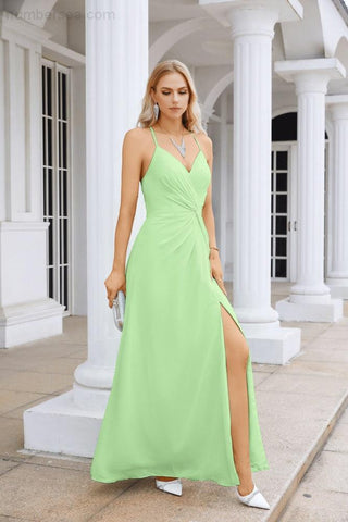 Ladies Chiffon Spaghetti Strap V Neck Front Slit Floor Length Bridesmaid Evening Dress Prom Party Wedding Evening Dress 28116-numbersea