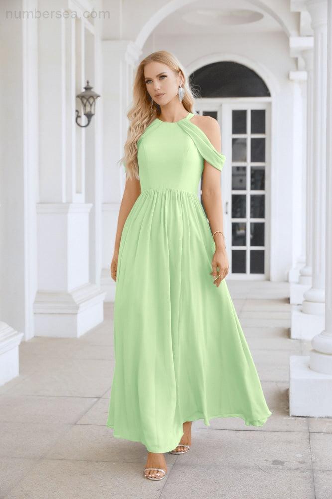 Ladies Chiffon Off Shoulder Swing Sleeve Front Slit Bridesmaid Evening Dress Wedding Party Evening Dress 28117-numbersea