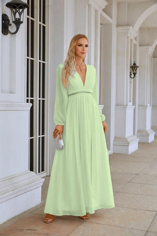 Ladies V Neck Chiffon Long Sleeve Front Slit Bridesmaid Evening Dress Wedding Party Shopping Evening Dress 28109-numbersea
