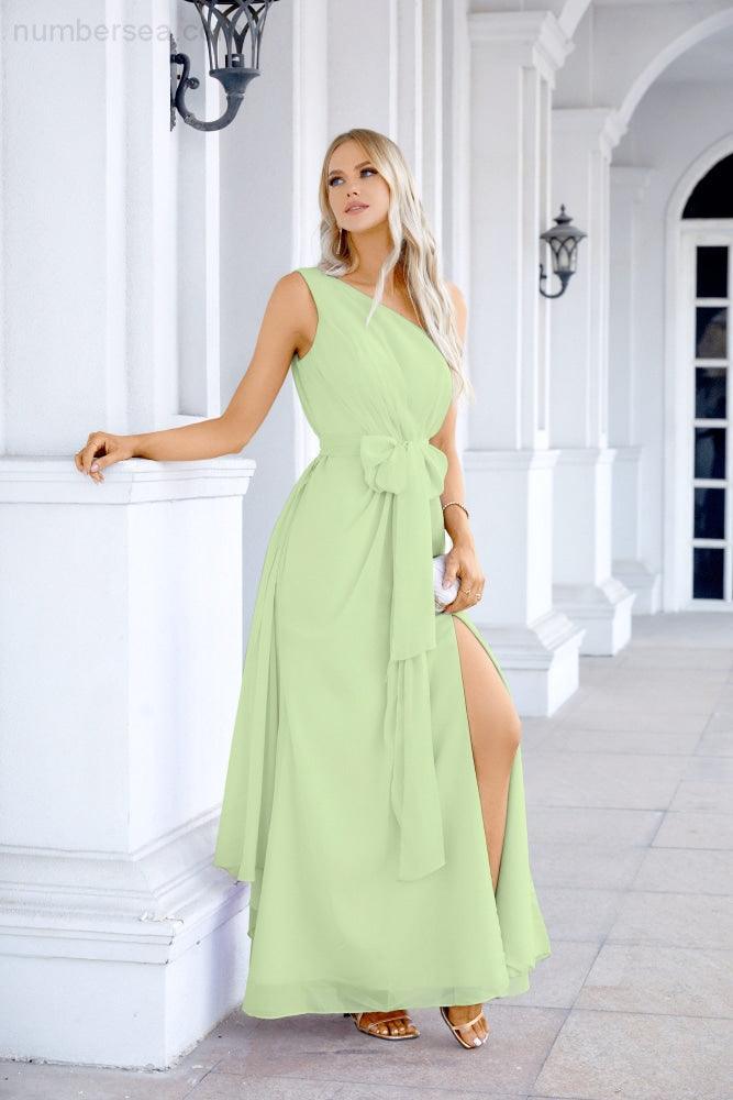 Ladies Chiffon One Shoulder Bridesmaid Evening Dress Wedding Party Evening Dress 28133-numbersea