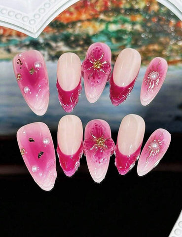 Uñas postizas de gel Magenta Bloom hechas a mano, uñas postizas a presión