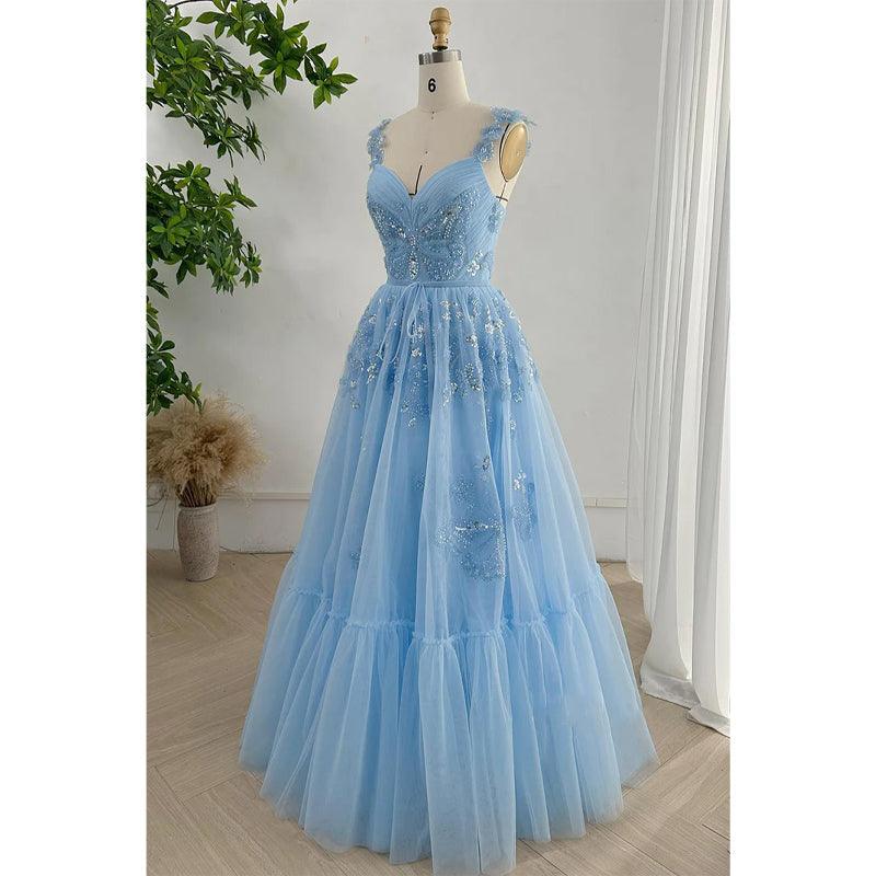 Tulle A-line V-neck Spaghetti Straps Lace Applique Beaded Party Prom Evening Dress