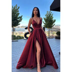 Vestido de noche largo de satén con tirantes finos y escote en V para graduación