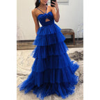 Tüll A-Linie Neckholder Empire Stufenkleid mit Schleppe Party Ball Abendkleid 