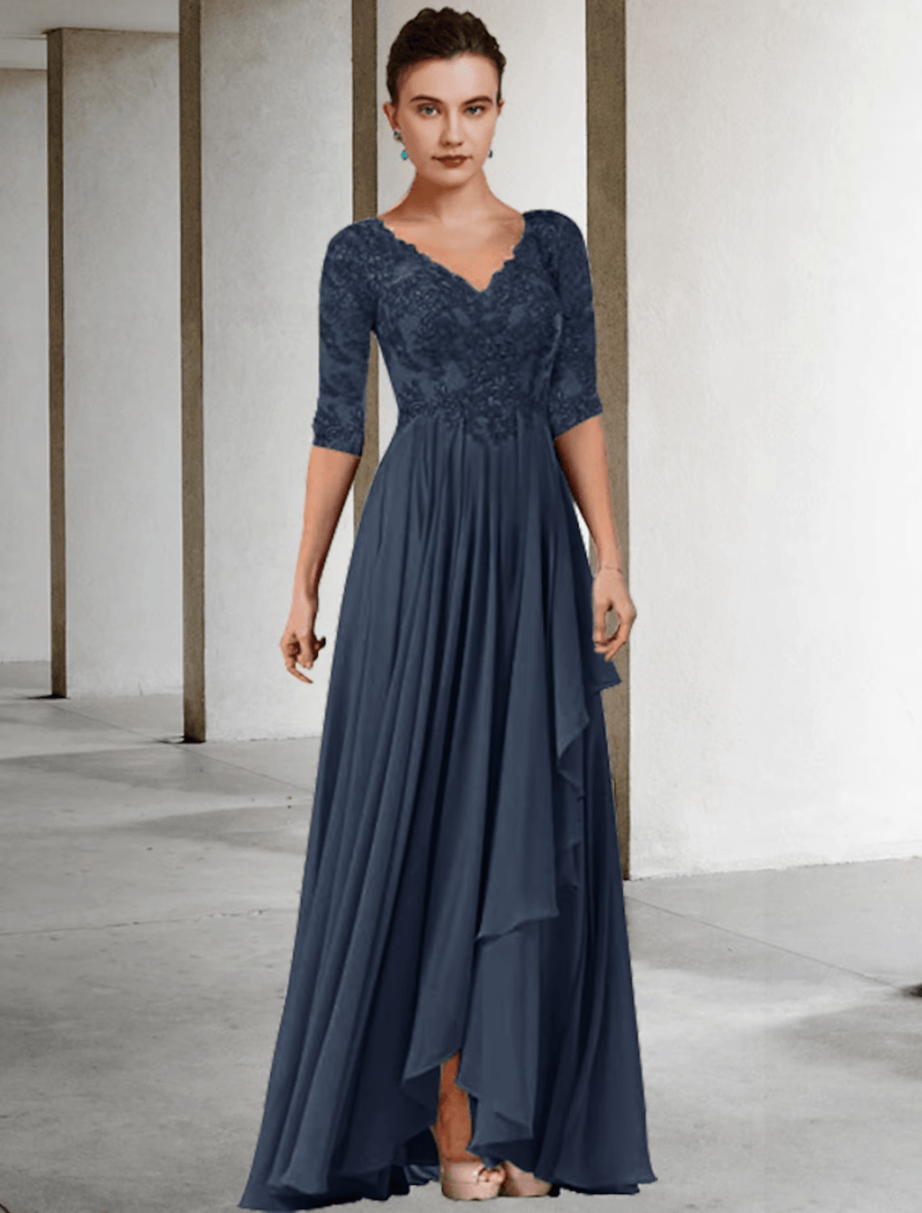Vestido de madre de la novia de dos piezas, corte en A, talla grande, elegante, escote en V alto bajo, asimétrico, largo hasta el suelo, de gasa, encaje, media manga, cruzado, chaqueta incluida, vestidos con pliegues y apliques