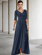 Vestido de madre de la novia de dos piezas, corte en A, talla grande, elegante, escote en V alto bajo, asimétrico, largo hasta el suelo, de gasa, encaje, media manga, cruzado, chaqueta incluida, vestidos con pliegues y apliques