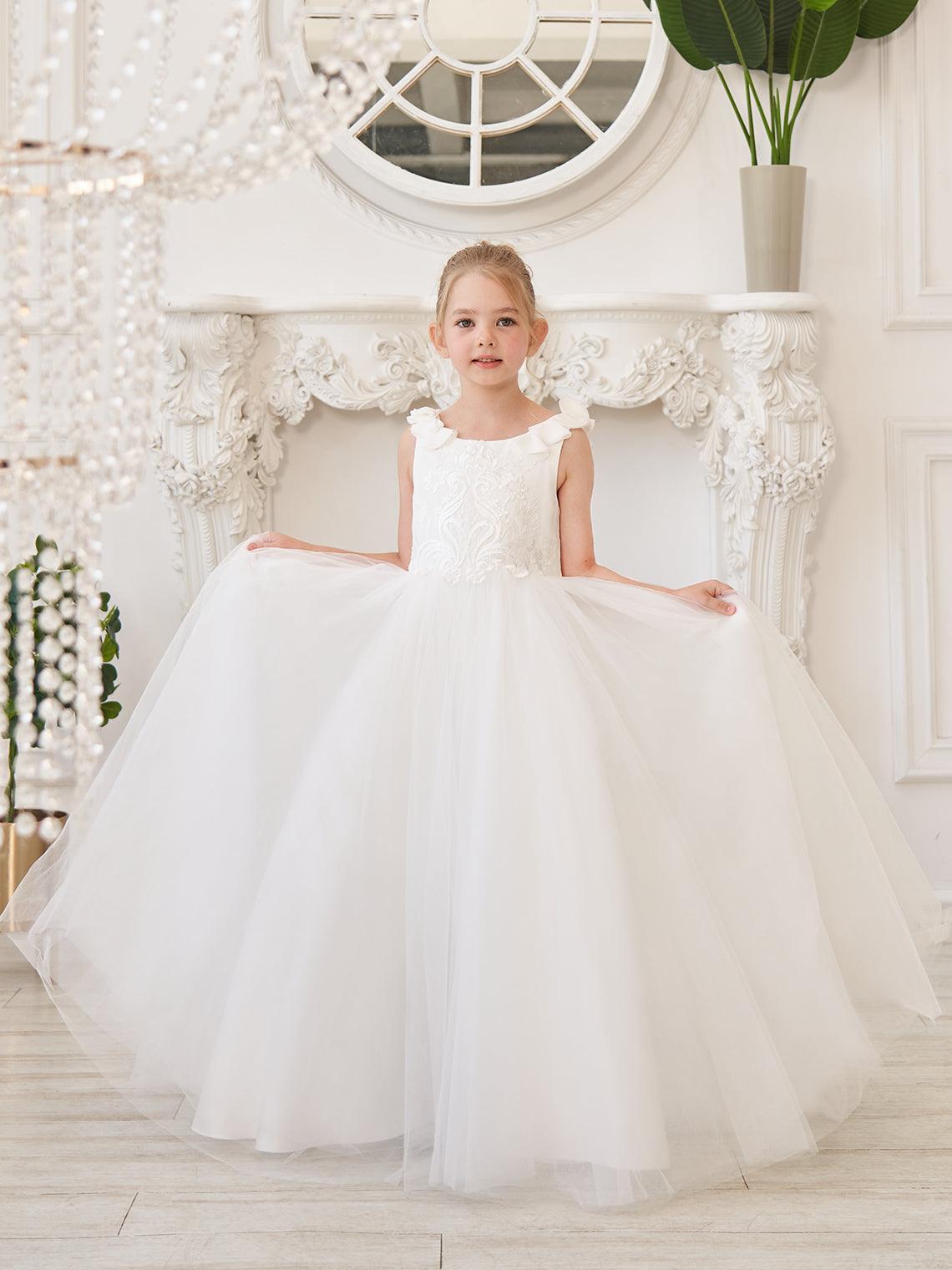 Elegantes weißes Tüllkleid für Blumenmädchen mit Schleppe 