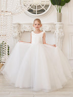 Elegante vestido de niña de las flores de tul blanco con cola larga 