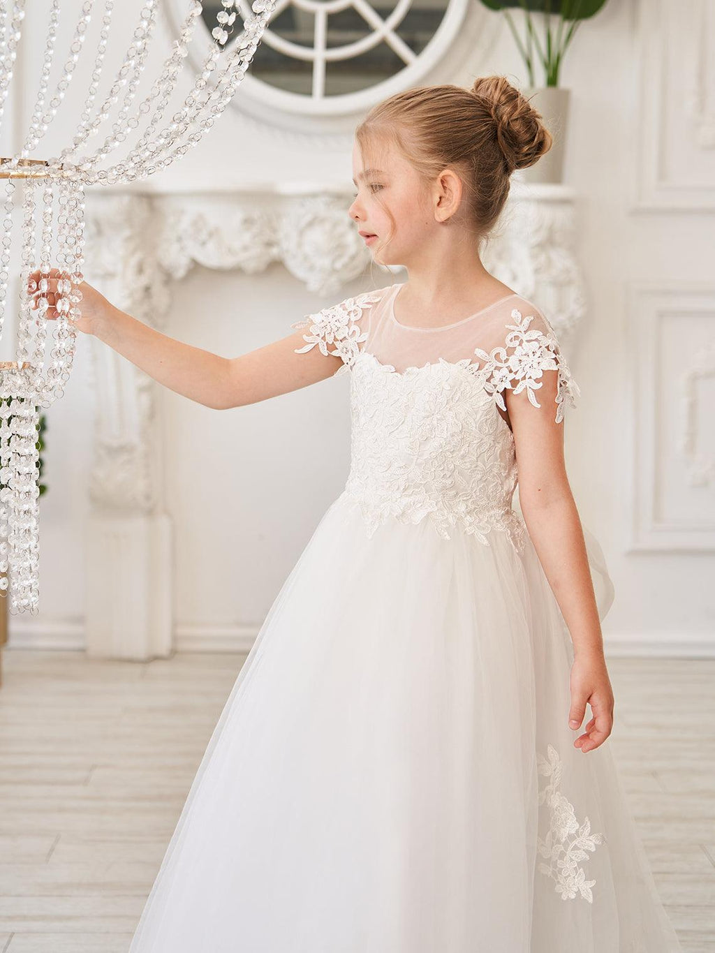 Vestido de princesa para primera comunión de niña de las flores, color marfil, con cola desmontable 