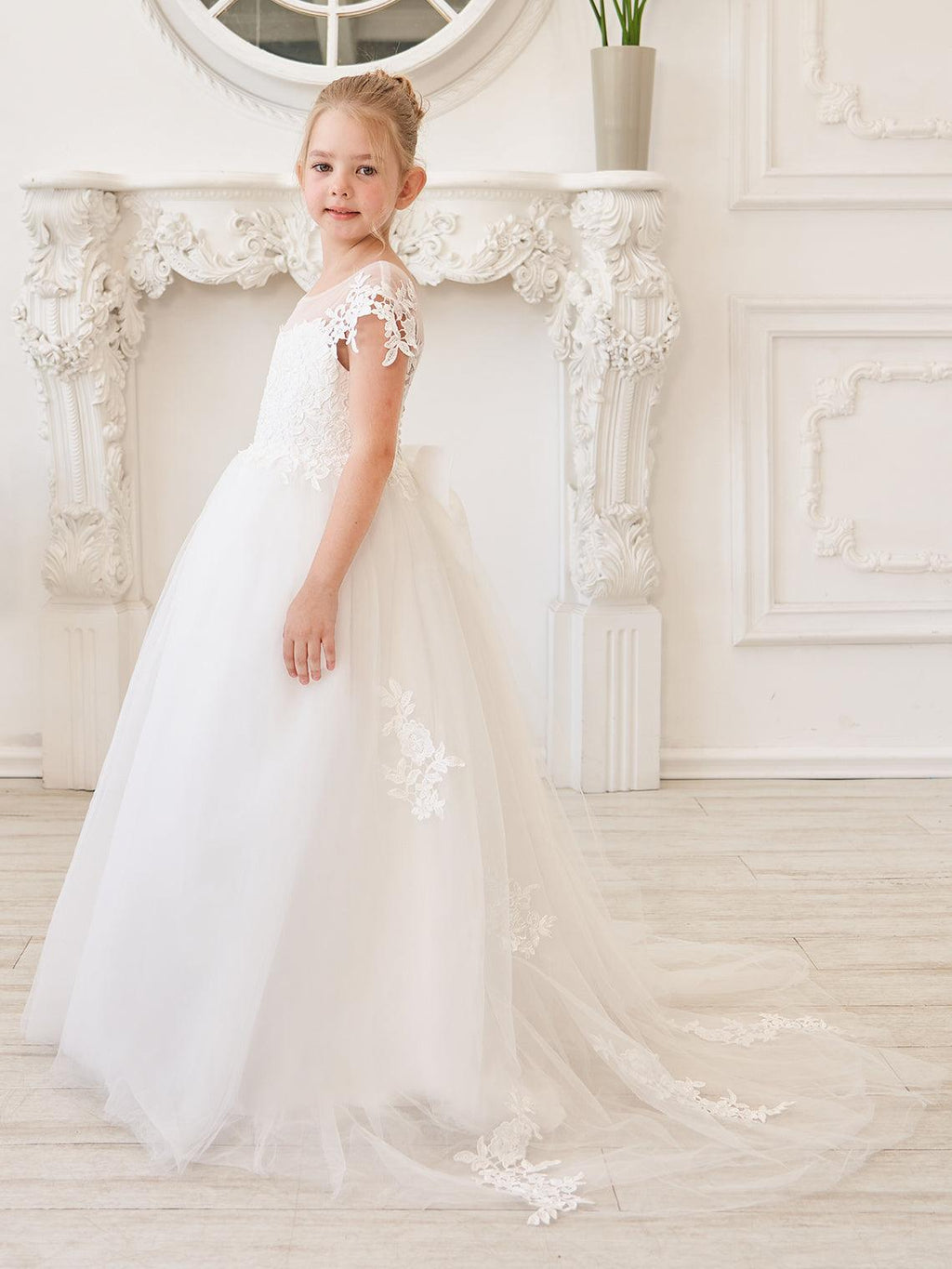 Vestido de princesa para primera comunión de niña de las flores, color marfil, con cola desmontable 