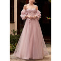 Sweetheart Long Sleeves Floral Appliqued Tulle A-Line Long Prom Evening Dress