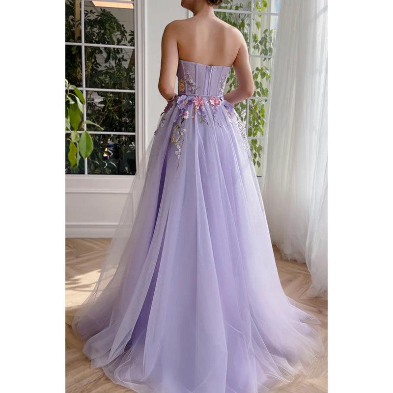 Vestido de noche largo de tul con apliques florales y sin tirantes, corte A