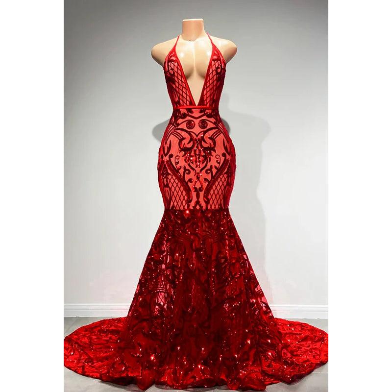 Vestido de fiesta sexy y atractivo con tirantes finos, escote en V profundo, sin mangas, corte sirena, espalda descubierta y lentejuelas