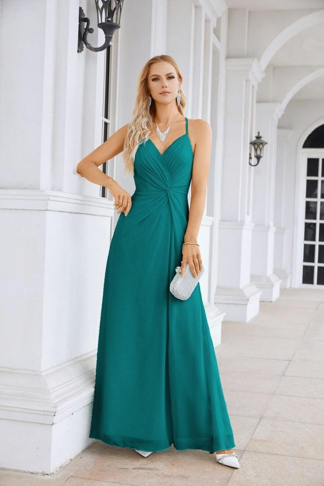 Ladies Chiffon Spaghetti Strap V Neck Front Slit Floor Length Bridesmaid Evening Dress Prom Party Wedding Evening Dress 28116-numbersea