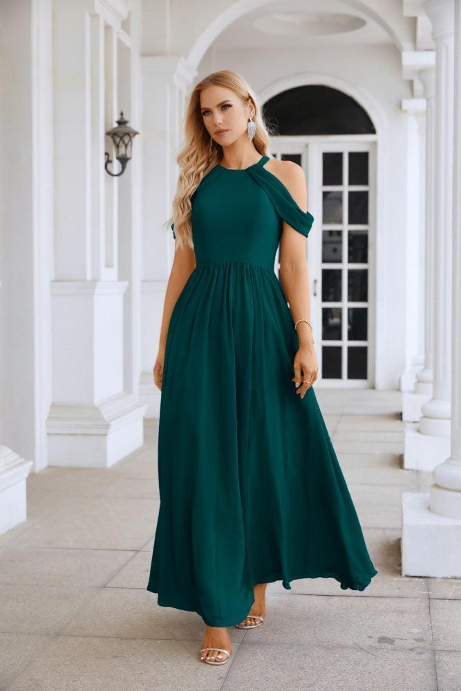 Ladies Chiffon Off Shoulder Swing Sleeve Front Slit Bridesmaid Evening Dress Wedding Party Evening Dress 28117-numbersea