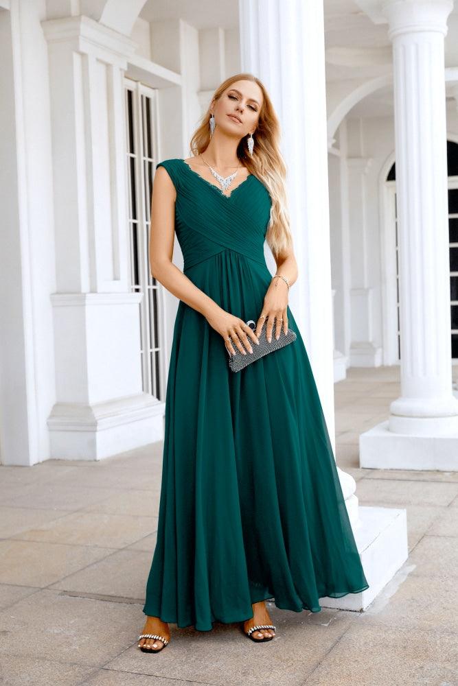 Ladies Chiffon V Neck Sleeveless Floor Length Bridesmaid Evening Dress Wedding Party Evening Dress 28126-numbersea