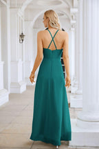 Ladies Chiffon Spaghetti Strap V Neck Front Slit Floor Length Bridesmaid Evening Dress Prom Party Wedding Evening Dress 28116-numbersea