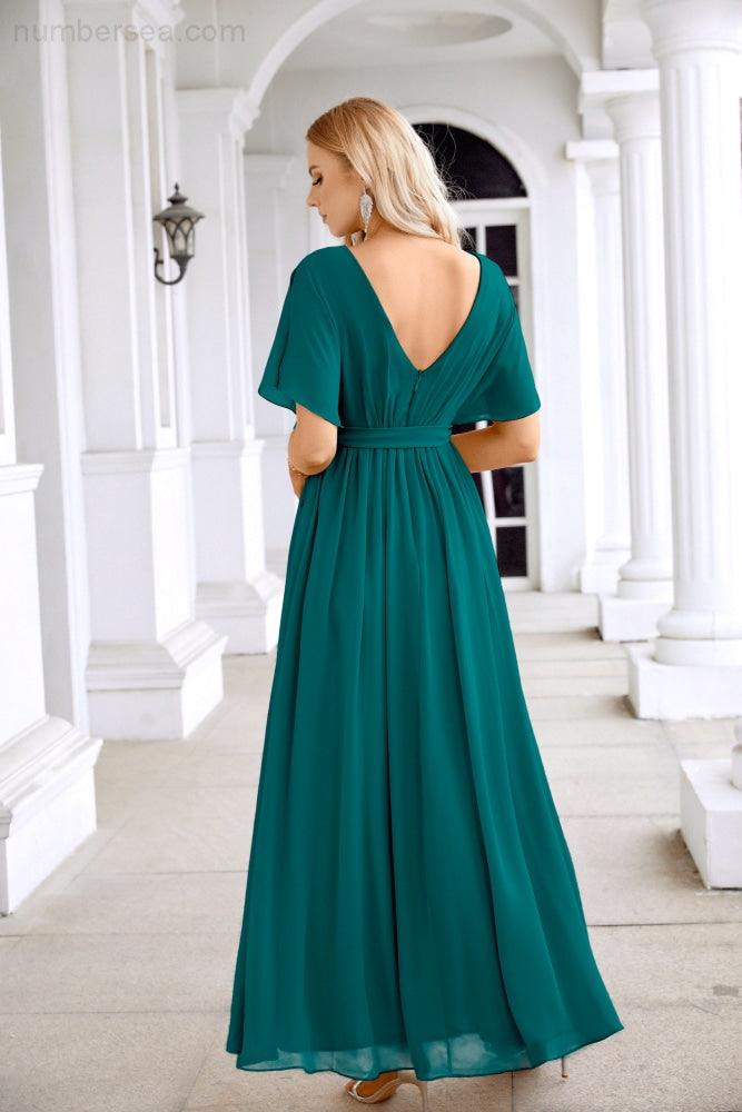 Ladies Chiffon Sleeve Crew Neck Front Slit Floor Length Bridesmaid Evening Dress Wedding Party Evening Dress 28124-numbersea