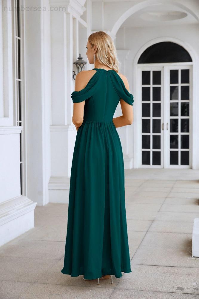 Ladies Chiffon Off Shoulder Swing Sleeve Front Slit Bridesmaid Evening Dress Wedding Party Evening Dress 28117-numbersea
