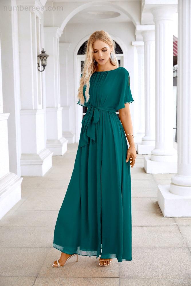 Ladies Chiffon Sleeve Crew Neck Front Slit Floor Length Bridesmaid Evening Dress Wedding Party Evening Dress 28124-numbersea