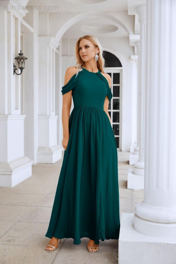 Ladies Chiffon Off Shoulder Swing Sleeve Front Slit Bridesmaid Evening Dress Wedding Party Evening Dress 28117-numbersea