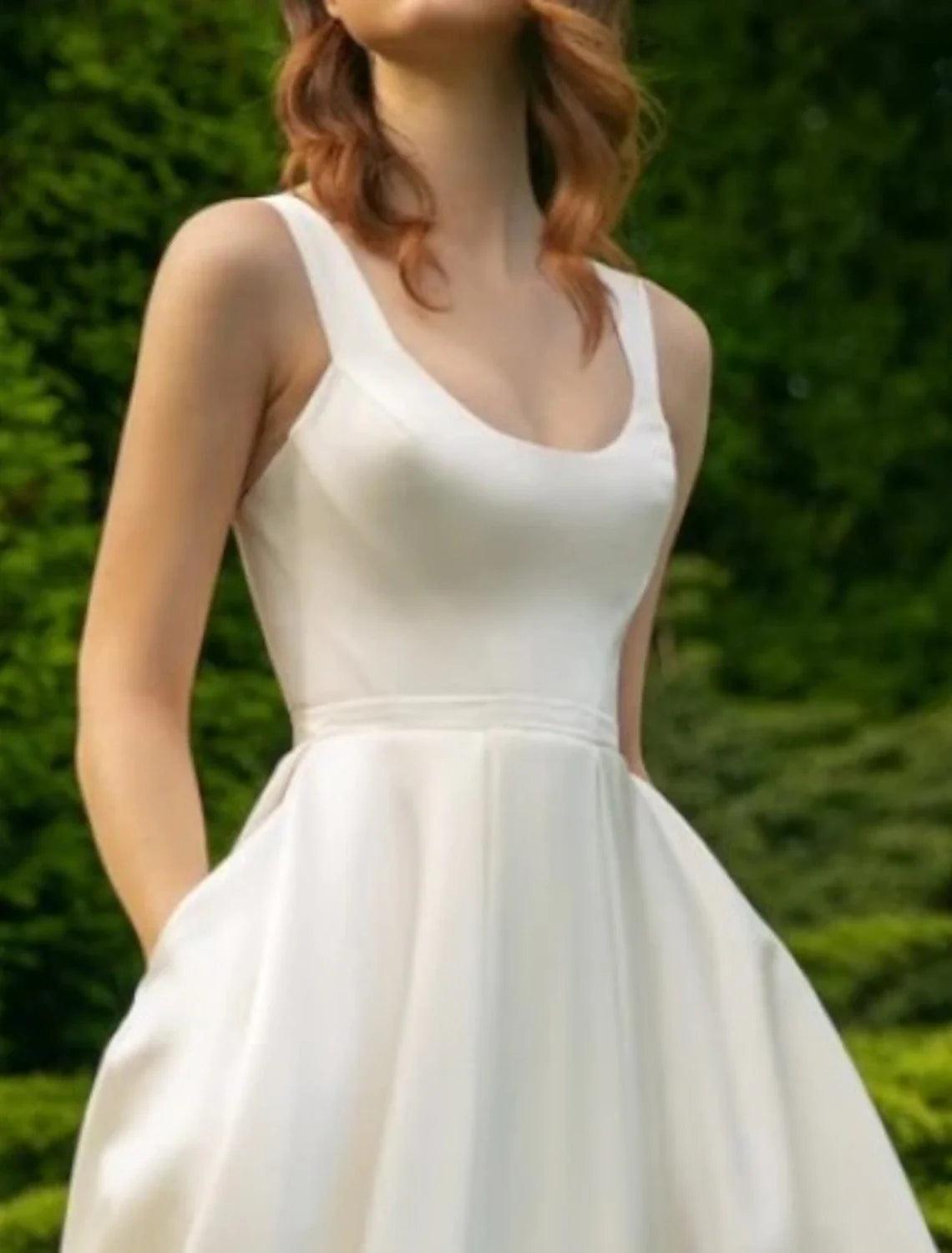 Vestidos de novia de satén con pliegues, corte A, escote redondo, sin mangas, largo hasta la rodilla, color liso