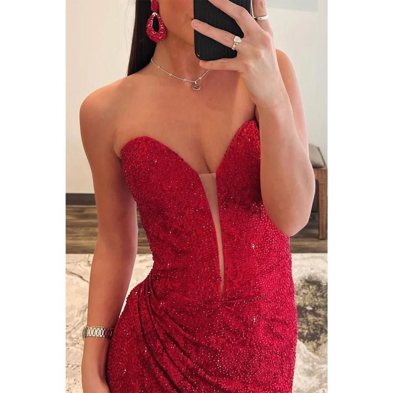 Sweetheart Strapless Beaded Appliques with Side Slit Party Prom Evening Dress