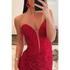 Sweetheart Strapless Beaded Appliques with Side Slit Party Prom Evening Dress
