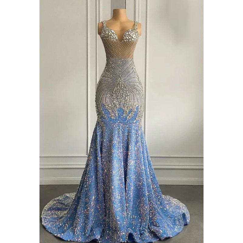 Glamouröses und dramatisches Abendkleid mit Rüschen, Strasssteinen, V-Ausschnitt, ärmellosen Pailletten