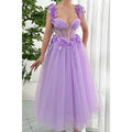 Vestido de noche de fiesta de graduación con escote en forma de A de tul, tirantes finos y apliques florales 