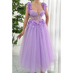 Vestido de noche de fiesta de graduación con escote en forma de A de tul, tirantes finos y apliques florales 