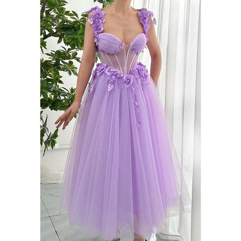 Tulle A-line Sweetheart Spaghetti Straps Floral Appliqued Party Prom Evening Dress
