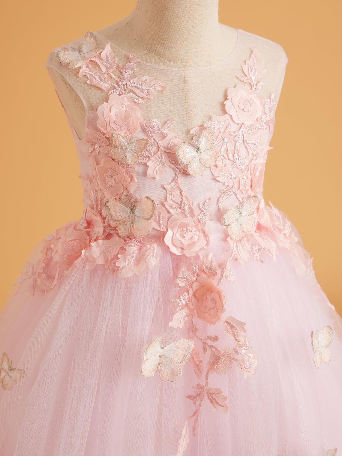 Vestido rosa con cola larga y tul de encaje (2003227825) 