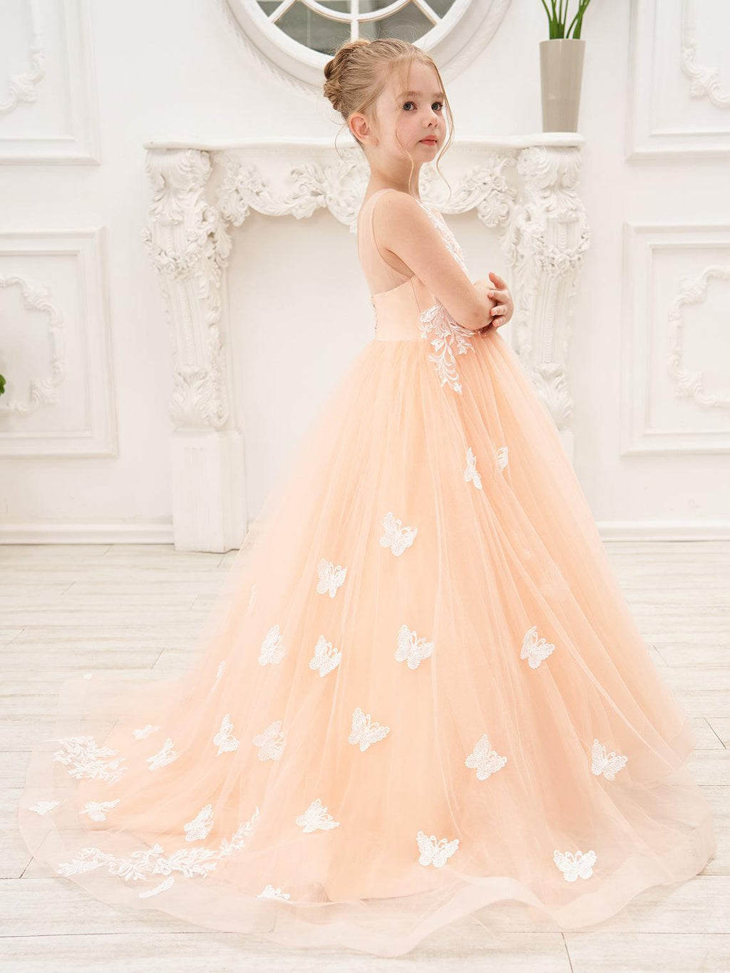 Elegante vestido de tul sin mangas estilo princesa de corte A para niña de las flores 
