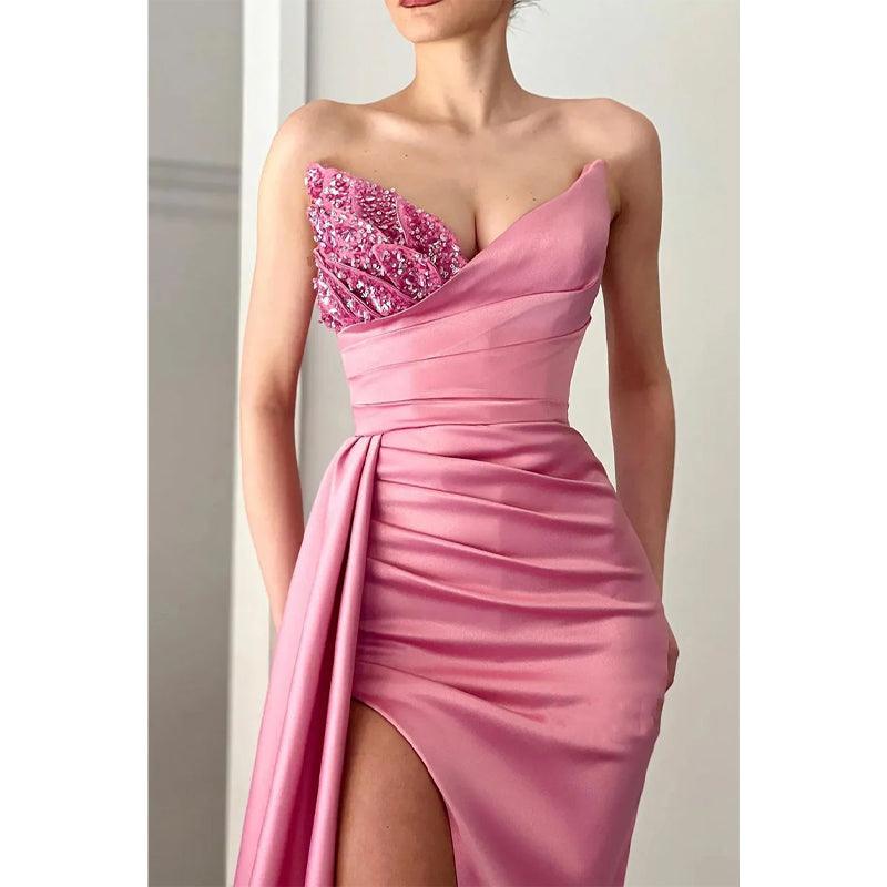 Vestido de fiesta de graduación largo con pliegues de satén y cuentas con escote en V sexy