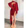 Vestido de fiesta de manga larga con lentejuelas y escote en V pronunciado 