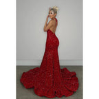 Vestido de noche largo de sirena con escote en V, espalda descubierta, lentejuelas y cola larga