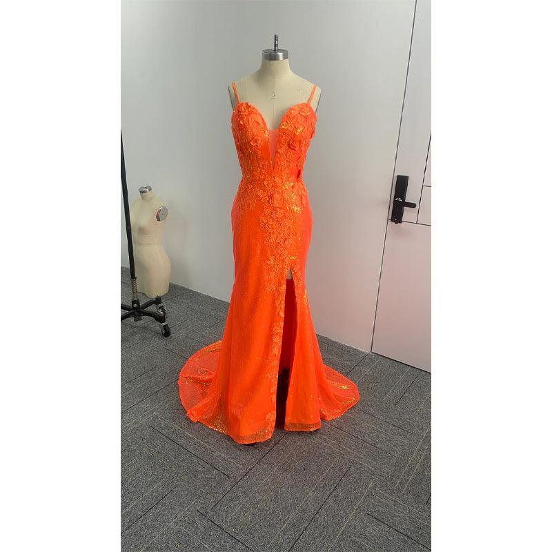 Spaghetti Straps Orange Sequins Appliques Long Prom Dress with Slit