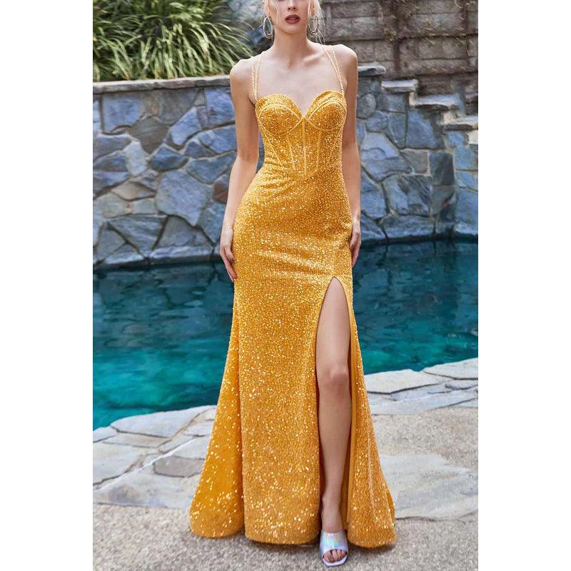 Sweetheart Spaghetti Straps Sequined Sheath Long Prom Evening Dress