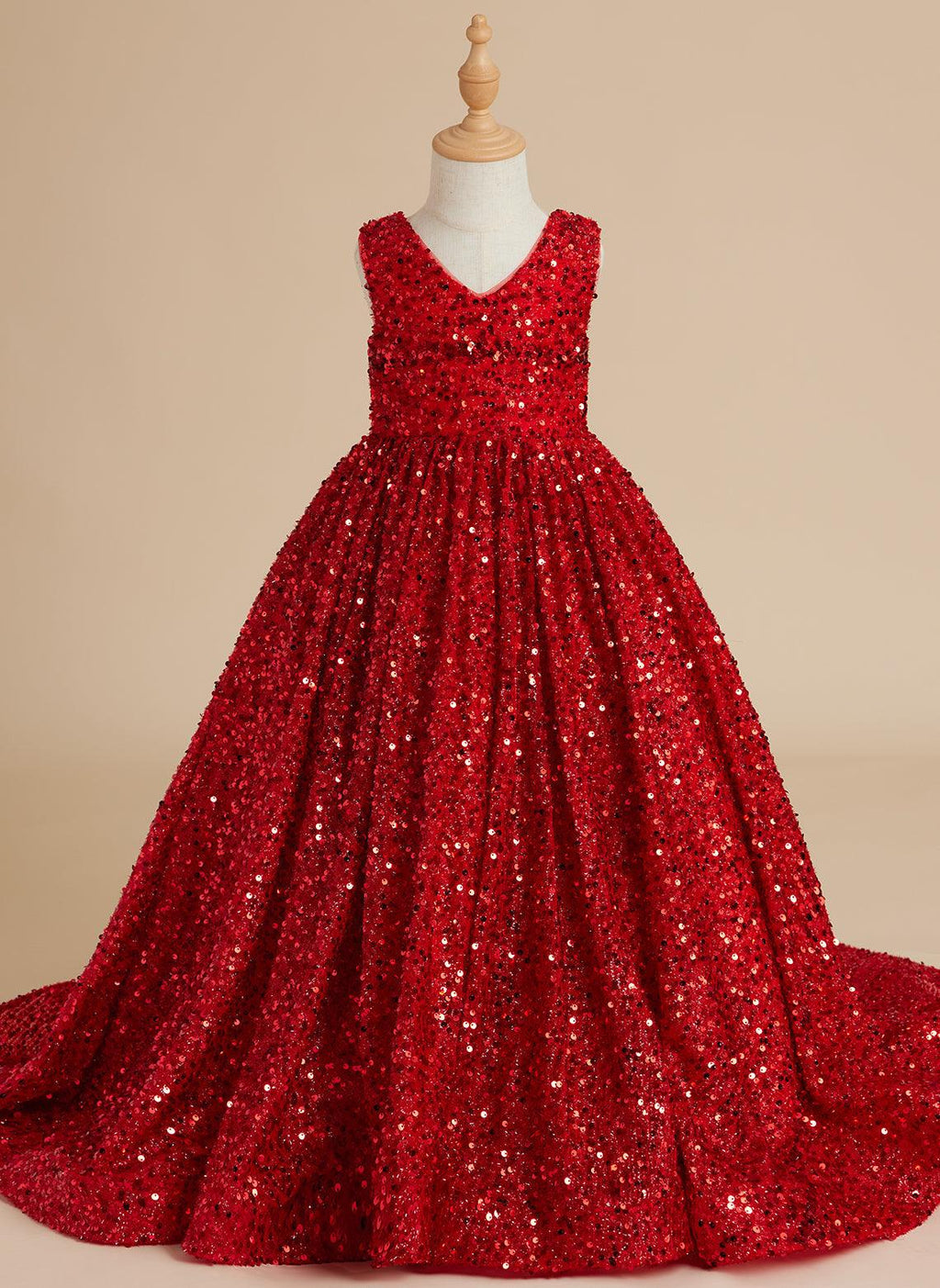 Deslumbrante vestido de princesa con lentejuelas rojas, escote en V y cola de corte para niñas 