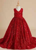 Deslumbrante vestido de princesa con lentejuelas rojas, escote en V y cola de corte para niñas 