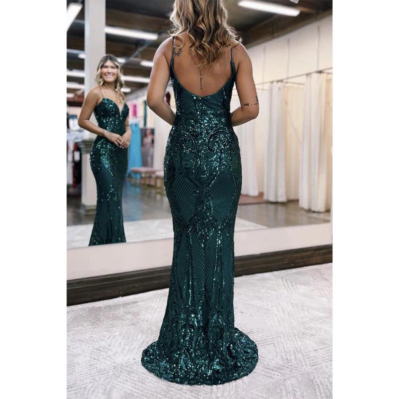 Vestido de fiesta de graduación con escote en V, tirantes finos y apliques 