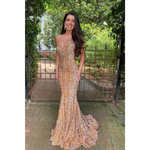 Sexy V-neck Sequins Mermaid Prom Dress Glitter