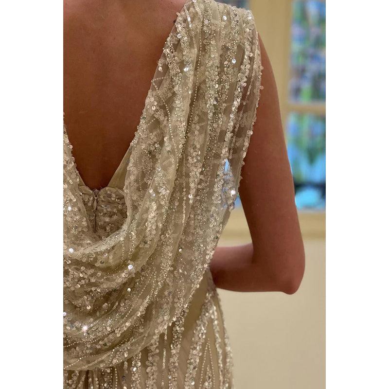 Vestido de noche largo de fiesta con escote en V, lentejuelas y cuentas fruncidas, corte A