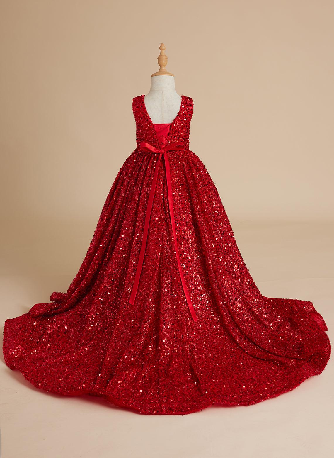 Deslumbrante vestido de princesa con lentejuelas rojas, escote en V y cola de corte para niñas 