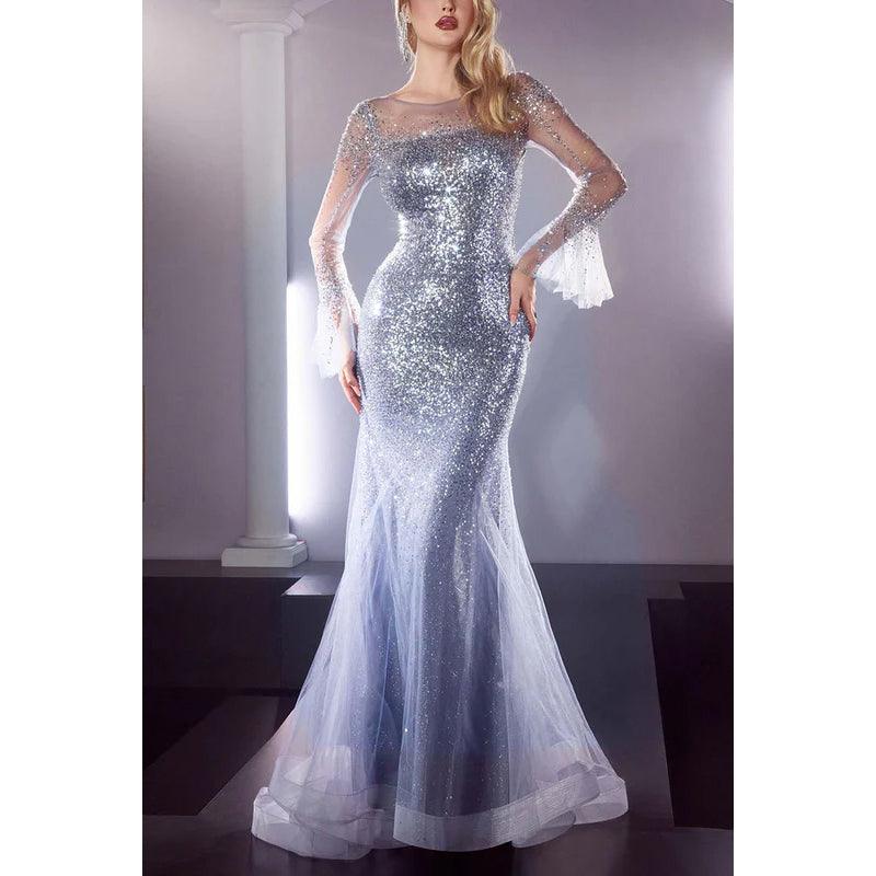 Vestido de noche largo estilo sirena con mangas largas y lentejuelas de tul transparente