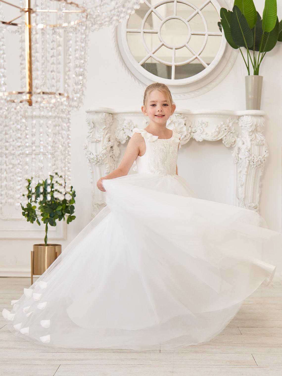 Elegante vestido de niña de las flores de tul blanco con cola larga 