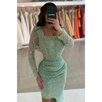 Sheath Squsare Beaded Embroidered Pleats Long Prom Dress Evening Gowns