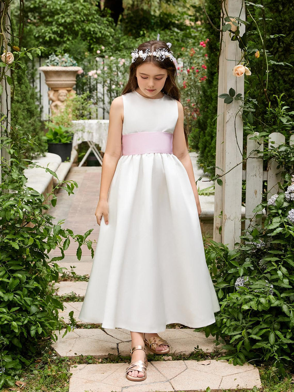 Vestido de fiesta para niña de las flores de satén color marfil con lazo | Vestido de tul hasta los tobillos (010007314) 